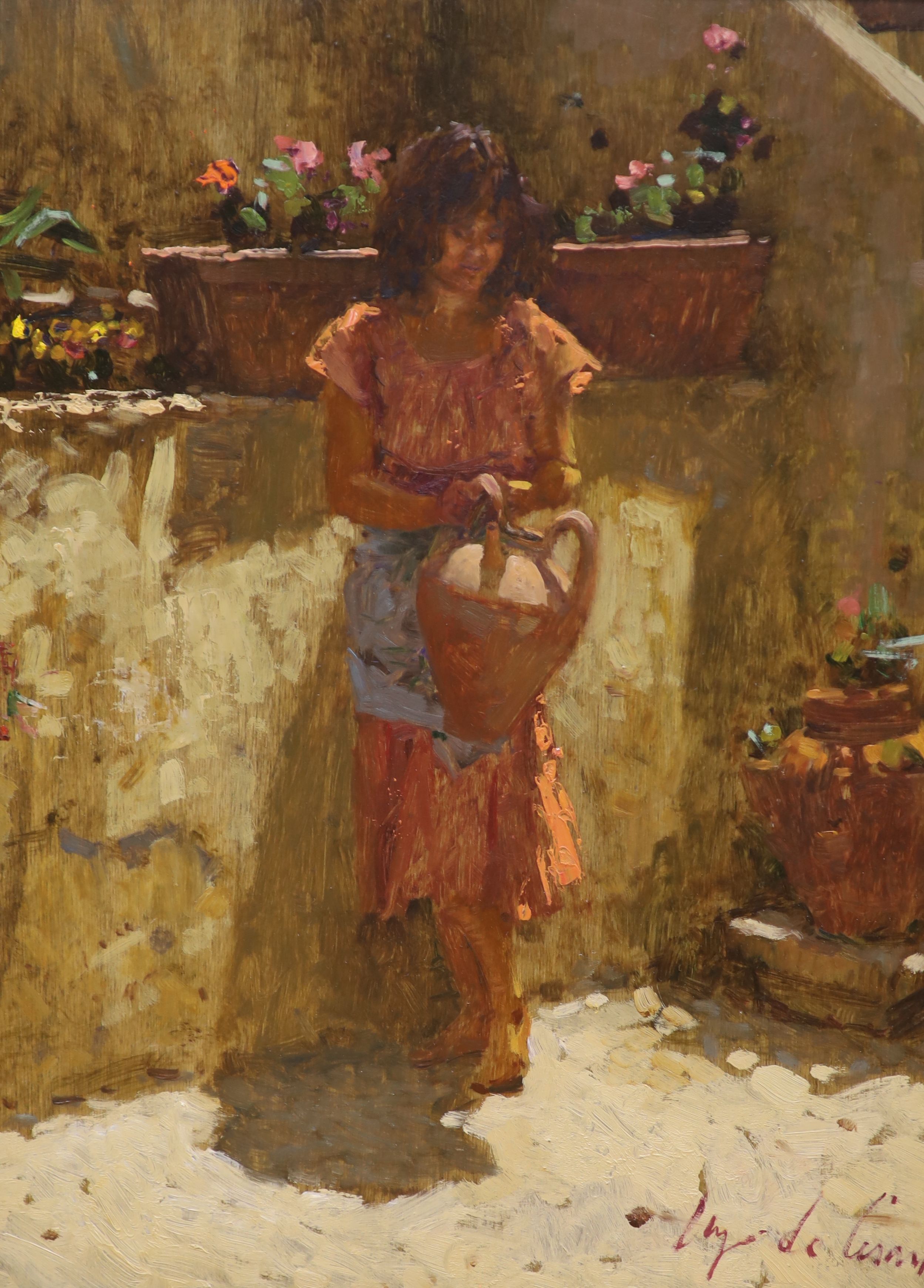 L. De. Cesar, oil on panel, Italian girl at the well, signed, 40 x 30cm